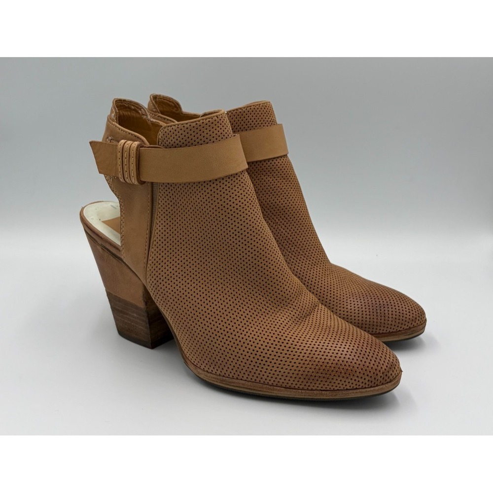 Dolce Vita Womens 9 Tan Brown Perforated Leather Ankle Booties Block Heel Zip